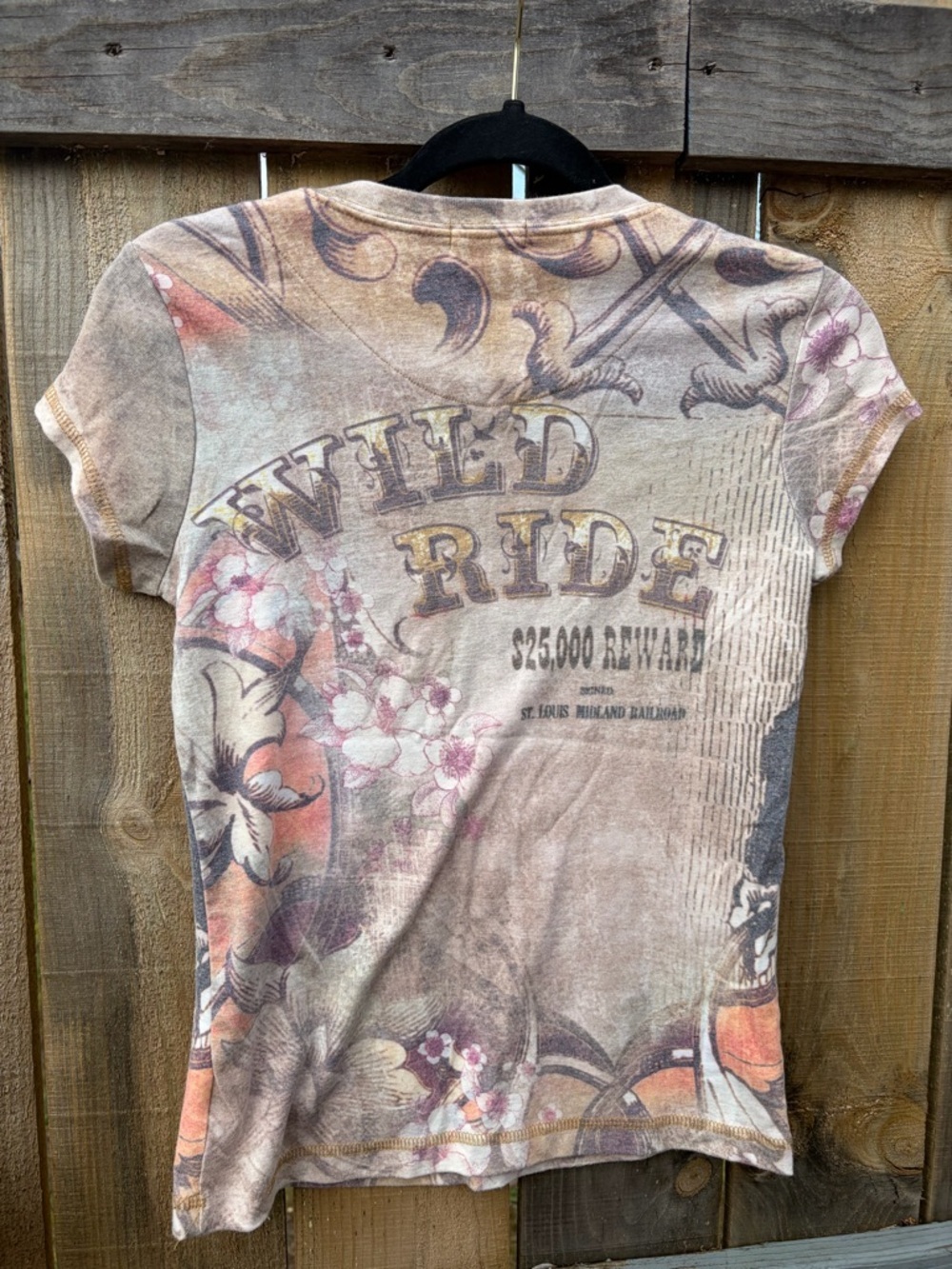 xcit u.s.a. Wild Ride western Floral Print Tee Taupe coastal cowgirl PM - Picture 9 of 12